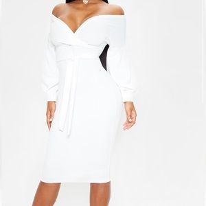 White Wrap Tie Waist Puff Sleeve Midi Dress